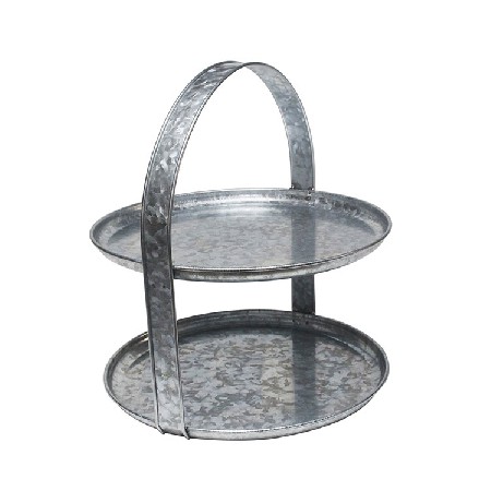 Home Kitchen French Country Style Galvanized Silver Metal Oval 2 tiered serving stand