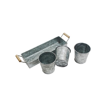 Set of 3 Galvanized Planters and Tray Windowsill Herb Pots