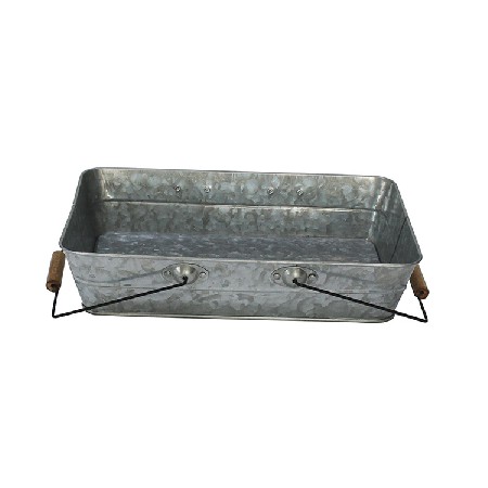 Vintage Rectangle Metal Galvanized Party Serving Tray With Wooden Handles